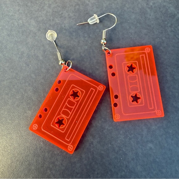 Retro 90s Cassette Tape Earrings - Pink Acrylic - Picture 8 of 8